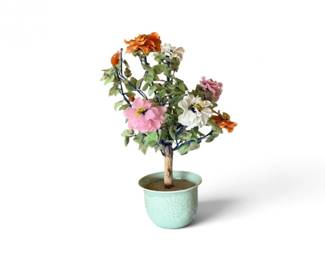162 MulticolorJadeHardstoneFloweringTreeinCeladonStylePot