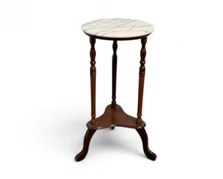 226 Vintage3LegWoodPedestalSideTablewWhiteMarbleTop