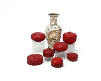 156 IvoryDynastyFauxIvoryBrassVase7CinnabarStyleCarvedBoxes