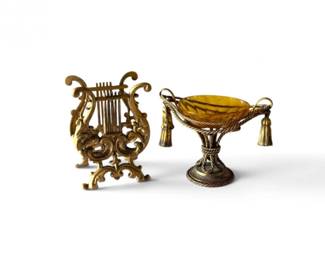 164 ItalianAntiquedGoldRopedStandwAmberGlassBowlVintageHarp