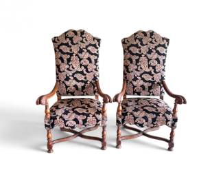 18 PairofOrnateSolidWoodHighBackUpholsteredArmchairs