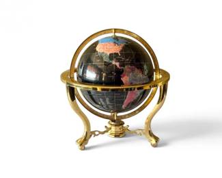 80 DecorativeMulticolorStoneInlayWorldGlobewBrassToneStand
