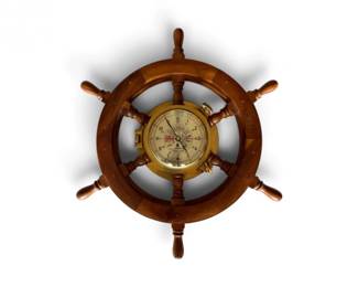 230 VintageWoodShipsWheelwChadburnsBrassNauticalDial