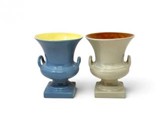 112 VintagePairRedWingPotteryUrnVasesBlueGrayUSA