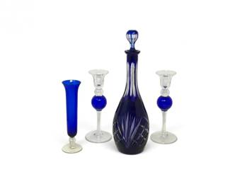 184 GorhamStyleCobaltBlueCutGlassDecanterCandlesticksVase