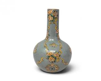 40 VintageChineseCeladonStyleHandPaintedPorcelainFloralVase