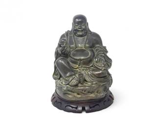 196 LaughingBuddhaResinFigureonWoodStand