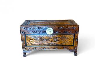 207 VintageOrnatelyCarvedWoodStorageChestFiguralFloralDesign