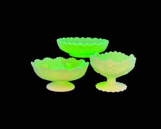 110 3VintageFentonCustardUraniumGlassBowlsFloralPedestalDishes