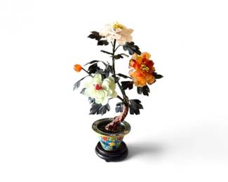 152 MulticolorJadeStoneFloralTreeinCloisonnVaseonWoodBase