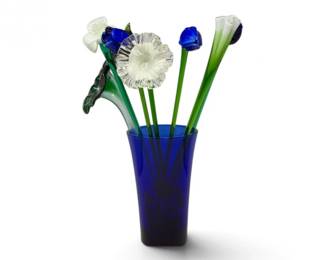 217 HandblownGlassFlowerCollectionwCobaltBlueVase8Pc