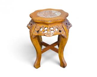 204 VintageSolidWoodStoolwRoseMarbleTopIntricateCarvedDesign