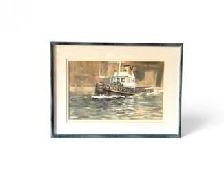 146 ArtistSigned1988TugboatWatercolorPaintingDoubleMatted