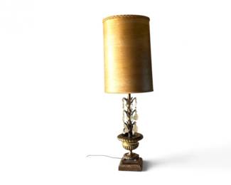 232 OrnateCrystalPrismTableLampwGoldToneFloralBaseShade