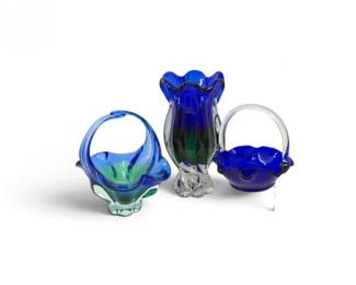 178 3PcMuranoStyleBlueGreenHandblownGlassVaseBaskets