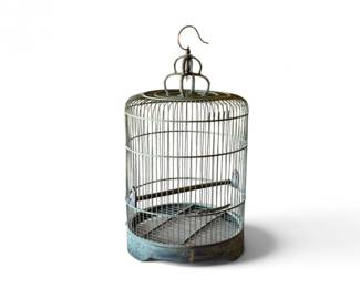 148 DecorativeMetalBirdCagewCarvedFiguralScenicBase