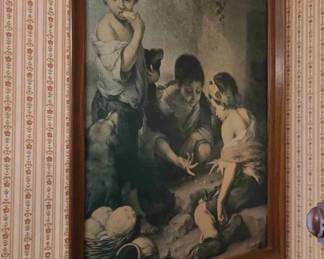 Circa 1960s Vintage Authentic Framed Prints For Pleasure Art Lithograph Print of "Boys Playing Dice" also known as "The Dice Players" by Spanish Baroque Master Bartolome E. Murillo. *Authorized by the Alte Pinakothek Museum in Munich, Germany (catalog # 5422). *Encased in a RARE IMPORTED BELGIAN OAK FRAME salvaged from the historic JEAN WEYER'S Credenza out of Boechout, Belgium*