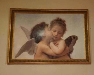 1970s Authentic Vintage Oversized Lithograph Art Reproduction of the Famous Neoclassical 1890 Masterpiece titled "L'Amour et Psyché, Enfants" ("The First Kiss"). *Has a hand-carved artisan framer's mark on the back* "HIGHLY SOUGHT-AFTER ROMANTIC MASTERPIECE! A TIMELESS LOOK AT LOVE'S VERY FIRST SPARK!!