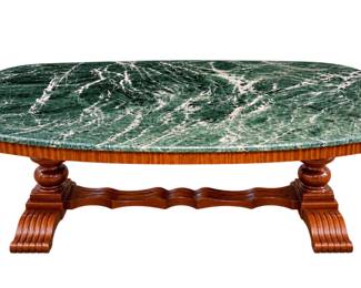 Late 1960s-1970s Vintage Luxury Verde Guatemala Marble Top Trestle Coffee Table The marble top is beautifully polished with elegant, softly rounded corners and distinctive white calcite veining that contrasts beautifully against the deep emerald stone. It rests upon a meticulously crafted, solid wood trestle base showcasing a fine grain, reeded fluting on the scrolled feet, elegant baluster pillar supports, and a beautifully curved horizontal stretcher. Perfect for a traditional, Hollywood Regency, or upscale eclectic living room.