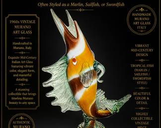 Authentic 1960s Murano Hand-Blown Striped Glass Fish Sculpture (Italy) An absolutely stunning, highly investment-worthy piece of genuine 1960s Venetian art glass. This towering tropical fish figurine features beautiful, vibrant internal layers of amber, white, and tortoiseshell brown ribbon striping—achieved via the complex Italian Fenicio (Phoenician) combing technique.