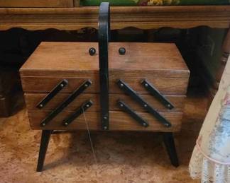 1950s Authentic Vintage Polish Accordian Style Sewing Box and Side Table. *Stamped "POLAND" underneath showcasing the exceptional dovetailed joinery and woodworking craftsmanship the region is celebrated for* HIGHLY SOUGHT-AFTER NOSTALGIC PREMIUM EUROPEAN IMPORT!!
