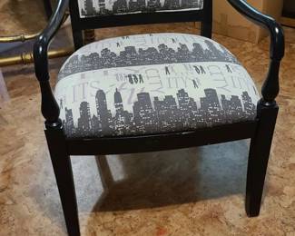 Circa 1985-1995 Authentic Vintage Postmodern Open Arm Chair is Famously Upholstered in the Eye-catching, Iconic City Skyline Print featured on the Hit Show "Sex and the City." HIGHLY SOUGHT-AFTER, NICHE POP CULTURE COLLECTIBLE!!