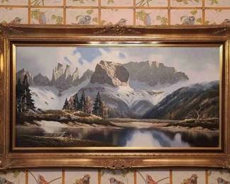 RARE, AUTHENTIC VINTAGE GERMAN HANNI FRANKE (Johann Emil Franke 1890-1973) Original Landscape Oil Painting of a Snow-capped Alpine Mountain and lake. Features the Authentic Viktoria Maltuch Canvas Stamp on back.