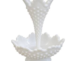 1950s-1970s GORGEOUS AUTHENTIC piece of vintage American art glass produced by the renowned Fenton Art Glass Company. This 2-piece centerpiece features Fenton's iconic, glossy Hobnail pattern paired with intricately crimped, scalloped edges. The set includes the ruffled pedestal base bowl and the central removable trumpet horn, historically used to display fresh flowers or cascading ivy. A stunning addition to any milk glass collection or bridal/holiday tablescape!