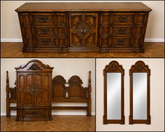 Vintage 1970s Thomasville Spanish Revival King 5-Piece Bedroom SuiteAn absolutely magnificent, heirloom-quality 1970s Spanish Revival / Mediterranean style 5-piece master bedroom suite manufactured by the elite Thomasville Furniture Company. This rare and complete set is from the highly coveted Collection Style #A0370 finished in the stunning Finish #177 (a rich, warm pecan/oak tone with deep hand-rubbed patination).