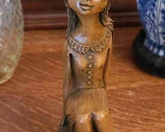 1950s-1960s Authentic Vintage Scandinavian Figurine of a Stylized Young Traveling Girl. Made from weighted faux-wood are composite and terracotta. *Has the Authentic A.S.V. Studio Mark*