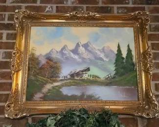 MAGNIFICENT 1965 ALPINE MASTERPIECE MUSEUM QUALITY ORIGINAL OIL PAINTING OF BAVARIAN ALPINE MOUNTAIN LANDSCAPE BY R. LÜFT. Hand-inscribed, signed, and officially dated on the reverse.