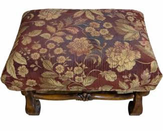 Rare Antique 19th Century French Louis XV Style OttomanDescription: An investment-quality, standalone 19th-century French footstool. Features a solid, hand-carved walnut frame with deep relief-carved shell motifs on a scalloped apron, elegant cabriole legs, and scrolled French whorl feet. The deeply padded top cushion is upholstered in a premium burgundy and amber gold historic floral jacquard tapestry.