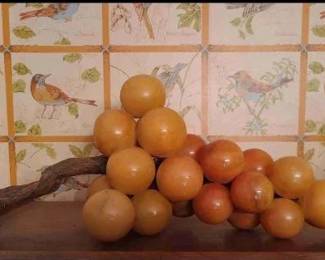 1960s-1970s Vintage Italian Amber Alabaster Grape Cluster With Driftwood Stem. HIGHLY SOUGHT-AFTER FOR ITS RARE AMBER COLOR!!