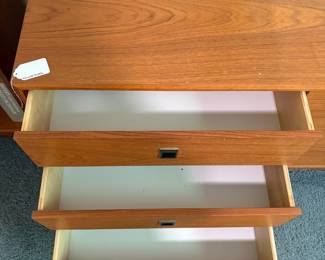 O40 - $150. Pair of Side Tables with Teak Veneer. Each Measures 19” W x 16” D x 17” Tall. Both have water rings / signs of use on the top. Sturdy and drawers all work.