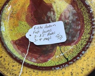 O104 - $30. Set of Vietre Autumn Fall Leaves Plates and Mugs. 3 - 8.5" Plates and 3 - Mugs 4" tall.