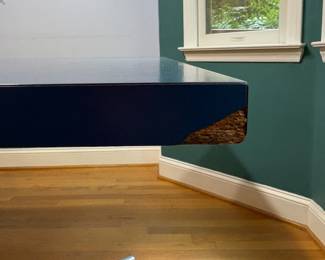 O4 - $125. Table Measures 40” W x 50” L x 28.75” Tall. Blue Laminate top with Chrome Base.