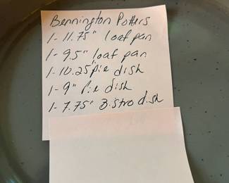 O108 - $60. Bennington Potters Bake Wear Set. 11.75" Loaf Pan, 9.5" Loaf Pan, 10.25 Pie Dish, 9" Pie Dish, 7.75" Bistro Dish.