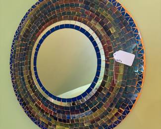 O30 - $5. Tile Mirror. Damaged. Measures 23.5” Diameter.