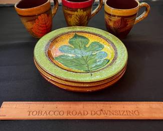 O104 - $30. Set of Vietre Autumn Fall Leaves Plates and Mugs. 3 - 8.5" Plates and 3 - Mugs 4" tall.