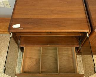 O14 - $75 PAIR. 1980's Media Cabinets by Custom Woodwork & Design (CWD). Cabinet with Glass Doors Measures 30.5” W x 20” D x 22.5” Tall. Cabinet with Wood Doors Measures 24” W x 19” D x 22.5” Tall.