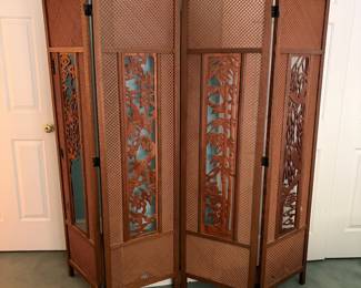 O139 - $40. Asian Style Bamboo Screen with Birds. Measures 73" W x 1" D x 68" Tall. SEE PHOTOS OF DAMAGE.