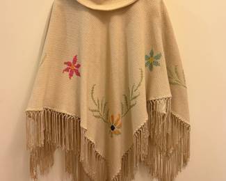 O73 - $50. Vintage “Lopez” Handmade Hooded Poncho 100% Wool. One size.