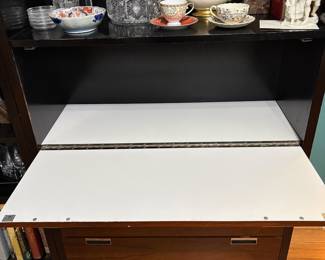 O34 - $225 PAIR. Bookshelf Measures 38.5” W x 15.25” D x 84” Tall. Bookshelf with Dry Bar Measures 38.25” W x 15.25” D x 84” Tall. Pieces are in Good/ Fair condition. Shows general wear but still sturdy.