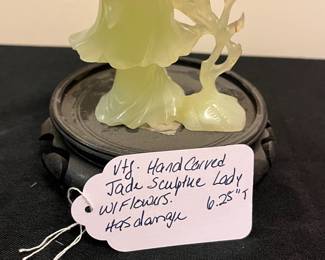 O103 - $15. Vintage Hand Carved Jade Lady with Flowers. Measures 6.25" Tall. Damaged flowers and crack in back.
