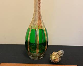 O6 - $1250. Antique Bohemian or Moser-style cut-to-clear glass decanter and cordial set with ornate gold gilding. 2 Tall Wine Glasses. 5 Champagne Coupe. Decanter & Stopper. One glass has a *tiny* chip in the base. All other pieces are in excellent condition!