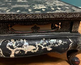 O124 - $850. Antique Kang Table. (Possibly Late Ming-early Qing Dynasty. 17th - 18th Century) Mother of Pearl Inlaid Black Lacquer Low Table. Measures 25" W x 14.5" D x 8.5" Tall.