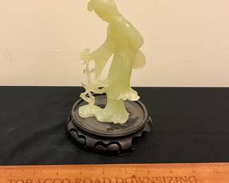 O103 - $15. Vintage Hand Carved Jade Lady with Flowers. Measures 6.25" Tall. Damaged flowers and crack in back.