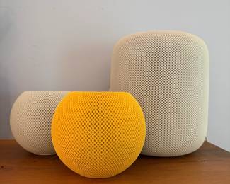 O138 - $175. Set of 3 Apple Homepods 1st Generation. Lg White Model A1639, Mini White Model A2374, Mini Yellow Model A2374.