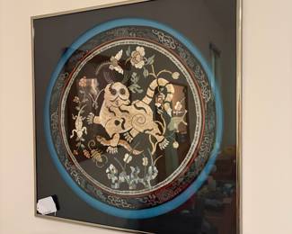 O45 - $45. Framed, Embroidered Silk Panel. Measures 20.25” W x 20.25” Tall.
