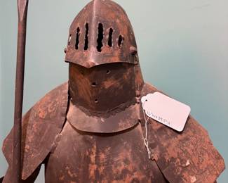 O71 - $95. Metal Knight Sculpture. Measures 16" W x 39.5" Tall.